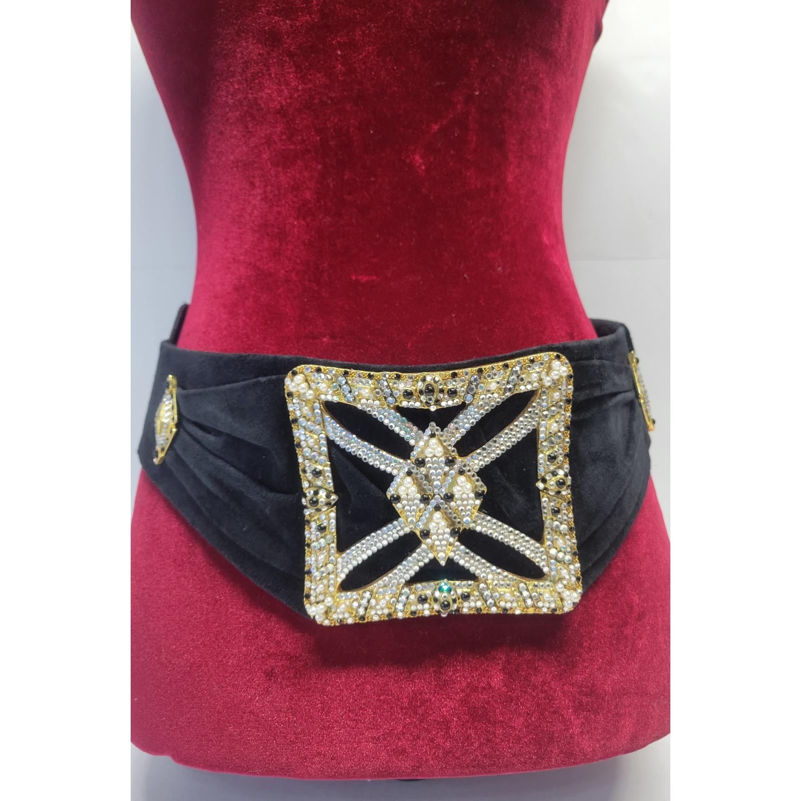 Ermine Beverly Hills Black Suede Wide Waist Belt Crystal Pearl Buckle Austria 80 Arch Suede Crystal Embellished Belt in Black Seude  main image 2