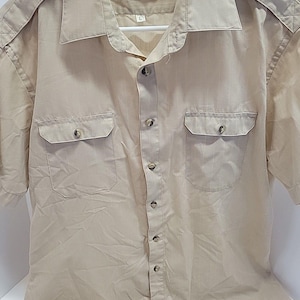 Camicia da uomo vintage The Fox Collection, taglia L, a righe beige, a maniche corte, con bottoni