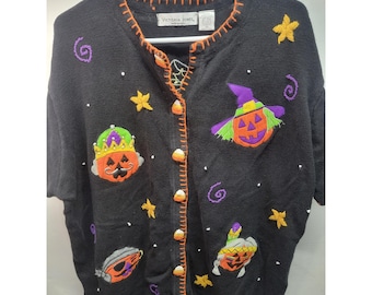 Victoria Jones Cardigan d'Halloween 2X pour femme, citrouille brodée en tricot