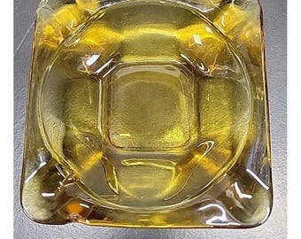 Vintage MCM  Amber Glass Cigar Ashtray Square Mid Century Modern Cigarette 4.5"