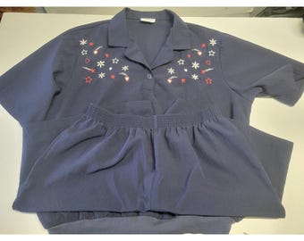Vintage BonWorth Navy Blue Embroidered Star Heart 2 Piece Shorts Set Made in USA