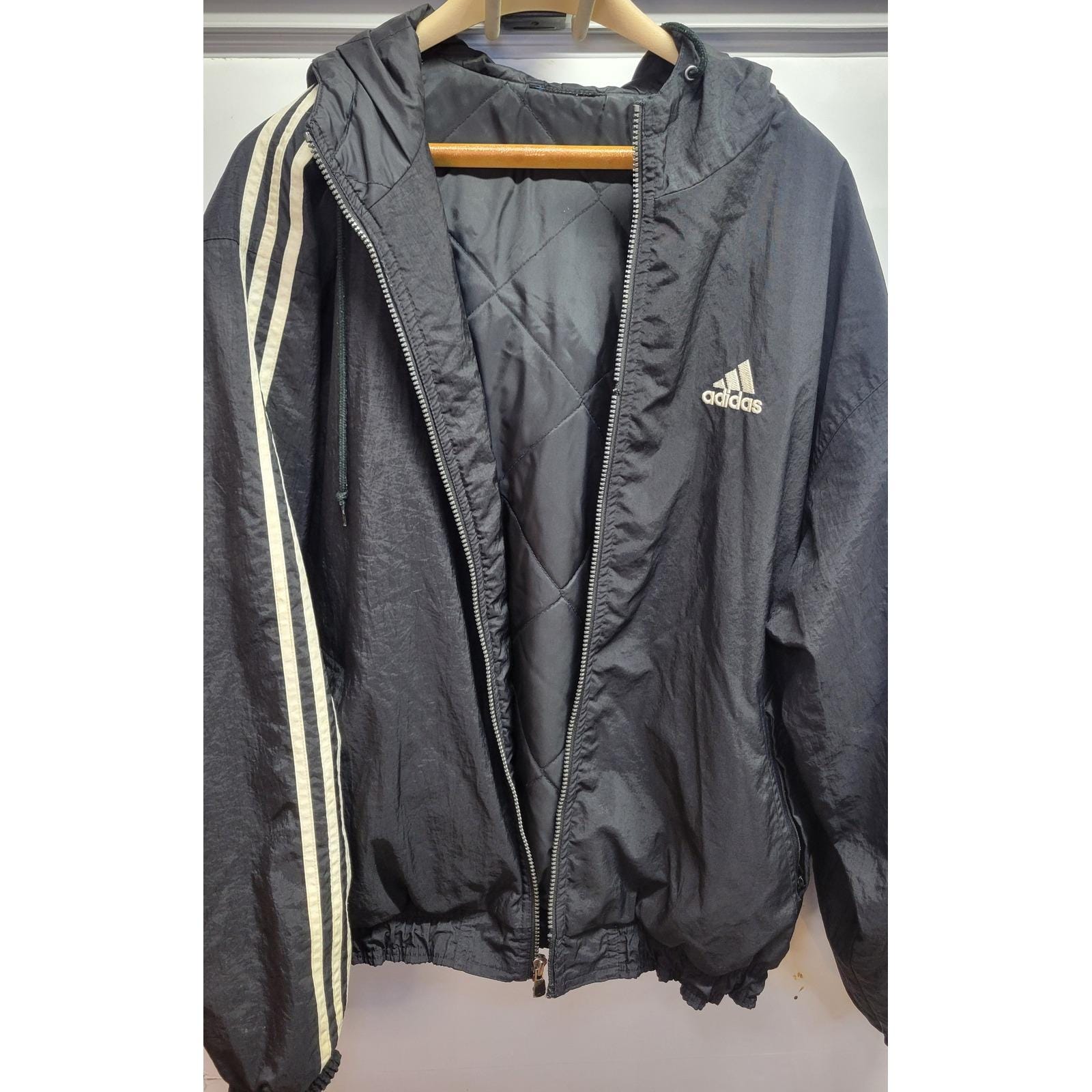 Vtg Adidas Black Windbreaker Jacket Men's Full Zip 3 Stripes