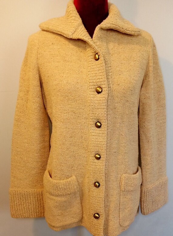 Vintage Beige Gold Buttons Wool Blend Thick Cardig