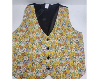 111 Main Chaleco vintage con estampado de gato y girasol y botones delanteros, talla L/XL, de algodón