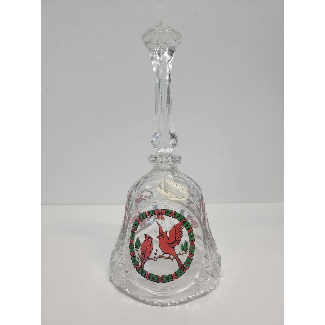 Vintage Lead Crystal Christmas Bell Red Cardinals Wreath Scalloped 7.25 ...