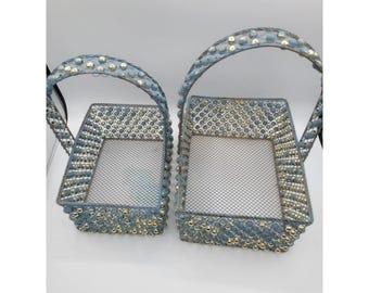 Vintage Beaded Wire Mesh Basket Set 2pc Blue Gold Cottagecore Decorative Storage