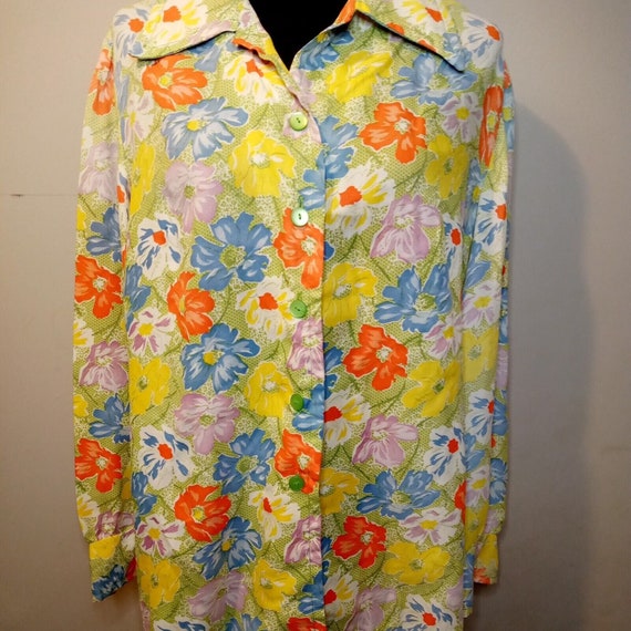 60s 70s Handmade Vintage Button Down Retro Floral… - image 3