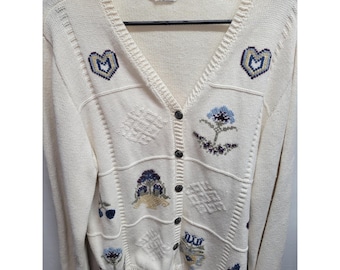 Alfred Dunner Cream Patchwork Embroidered Cardigan Sweater Women's