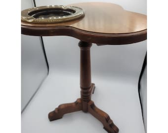Vintage Wood Pedestal Side Table with Ceramic Ashtray Clover Top Mid Century