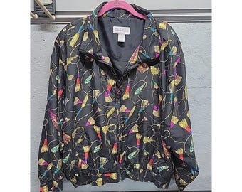 Rhonda Lynne  Vtg 90's Black Silk Gold Tassels Tracksuit Bomber Jacket XL