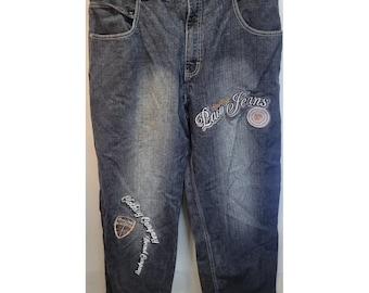 Paco Jeans Y2K Denim Pants 36x30 Embroidered Graphic Dark Wash skater grunge