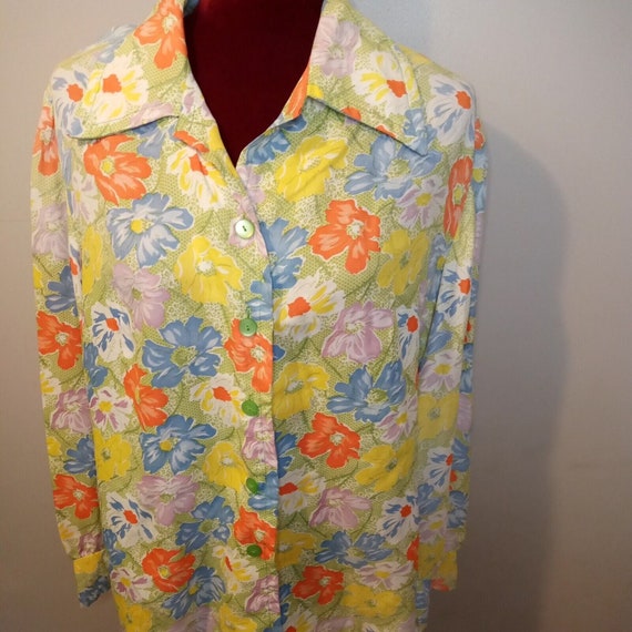 60s 70s Handmade Vintage Button Down Retro Floral… - image 1