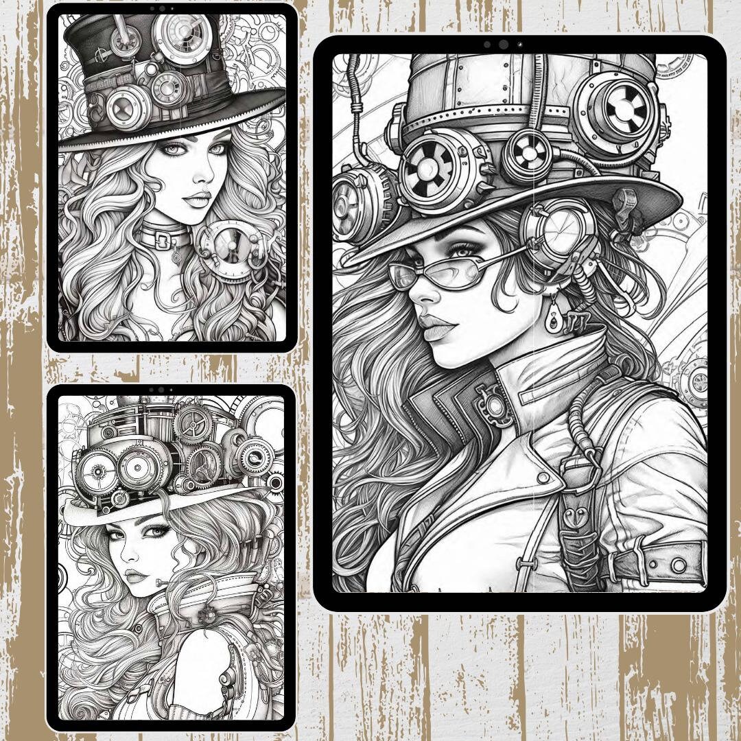 Steampunk Coloring Page, Steam Punk Women Coloring Pages, Adult ...
