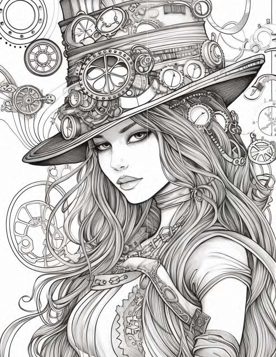Steampunk Coloring Page, Steam Punk Women Coloring Pages, Adult ...