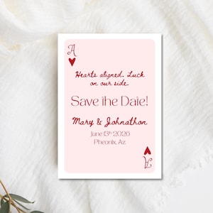 Tarjeta de guardar la fecha con forma de as de corazones Tarjeta de guardar la fecha con forma de as Plantilla elegante de Canva para guardar la fecha Tarjeta digital imprimible para guardar la fecha de boda