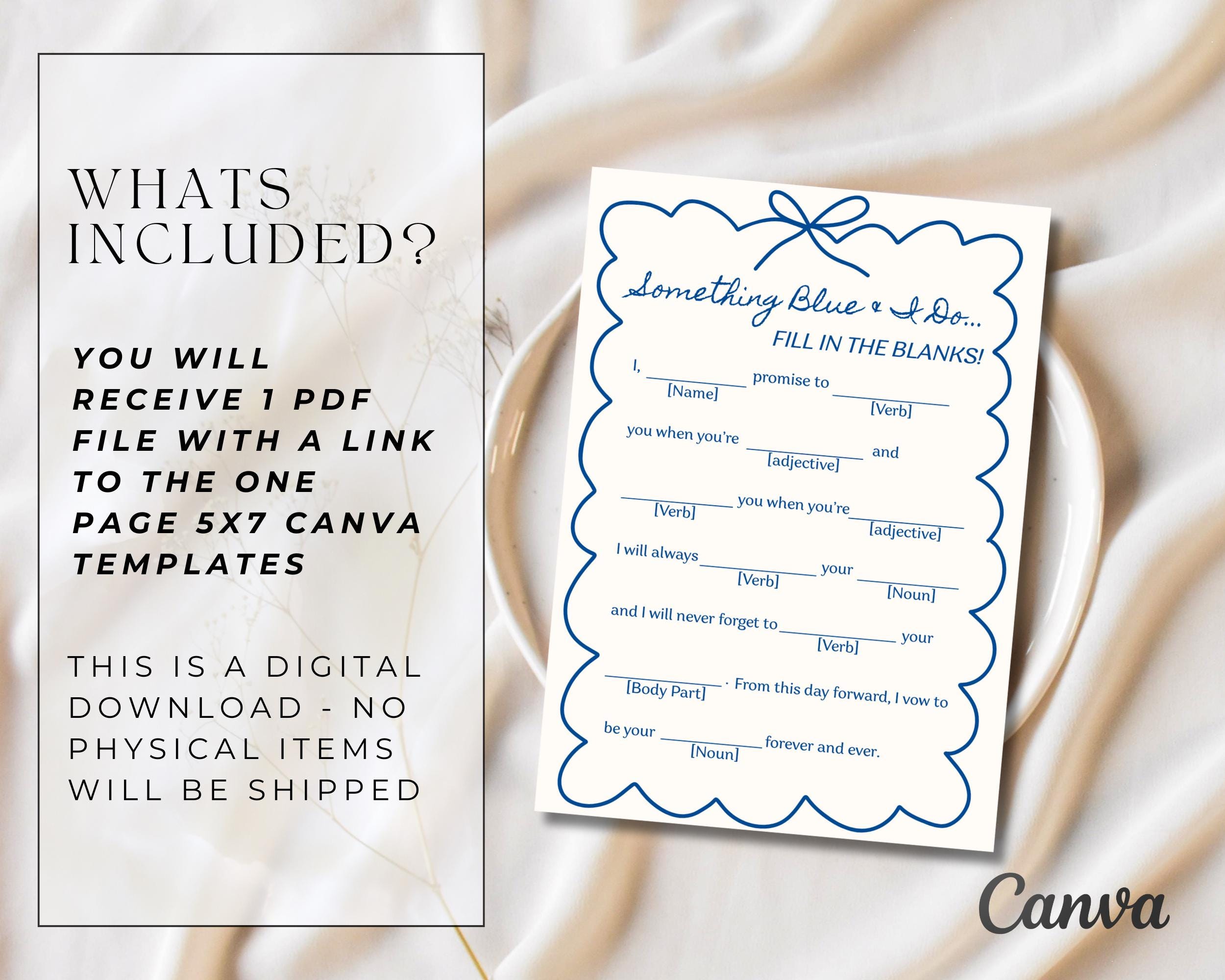 何か青いブライダルシャワーの空欄を埋めるゲーム、印刷可能な面白い独身パーティーゲーム、ブライダルシャワーゲーム、Canvaテンプレート、編集可能なグループゲーム  - Etsy 日本, image size:2500x2000