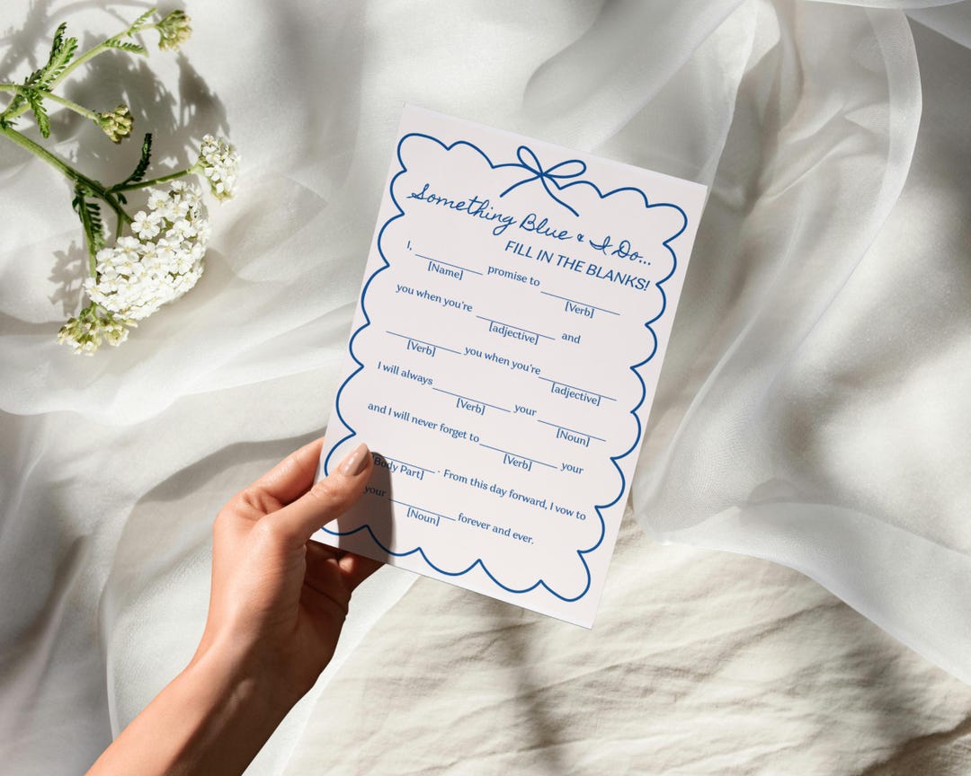 何か青いブライダルシャワーの空欄を埋めるゲーム、印刷可能な面白い独身パーティーゲーム、ブライダルシャワーゲーム、Canvaテンプレート、編集可能なグループゲーム  - Etsy 日本, image size:1080x864
