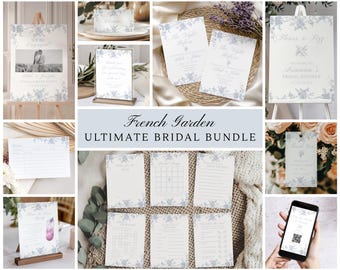 May include: A selection of wedding stationery featuring a floral design. Includes invitation cards, welcome signs, and a phone displaying a QR code. The text "French Garden Ultimate Bridal Bundle" is displayed in the centre.