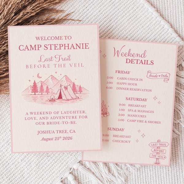 Pink Camp vrijgezellenroute kaart laatste route voor de sluier vrijgezellenfeest kaart canva sjabloon afdrukbare roze weekendroute