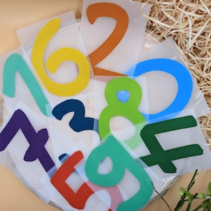 Puede incluir: Un conjunto de números de fieltro de colores, incluyendo 1, 2, 3, 4, 5, 6, 7, 8 y 9. Los números están recortados y dispuestos en una hoja de plástico transparente.