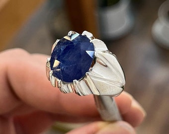 Blue Sapphire Stone Natural African Blue Sapphire Stone Ring Unheated Untreated Sapphire Ring handmade Ring big Sapphire Band For Men