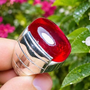 Handmade Sterling Silver Oval Ruby Ring for Men, Big Giant Yaqoot (40+ Carats)