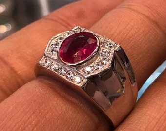 Natürlicher Rubin Ring - Schimmernder Afghanistan Rubin - Türkischer Stil - Weiße Zirkone - Natürlicher Edelstein Rubin - Herren Rubin - Unbehandelter Rubin