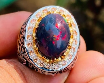 Black Opal Multi Fire Stone Beautiful Australian Black Opal Ring Engraved Design Ring 925 Top Quality Silver Made Ring