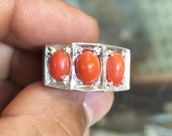 Drei Korallen Steine Ring - Natürliche Tiefsee Koralle Ring - Geschenk für Mann - Schmuck - Ringe - Sterling Silber 925 gestempelt