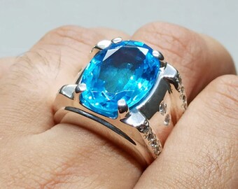 24 Carats Plus Natural Blue Big Topaz Ring_Real Blue Topaz Ring - New Year Gift - Sterling Silver 925 Stamped - Surprise Ring