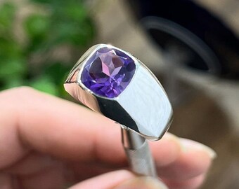 Original Amethyst In Purple Color Amethyst Ring In Square Shape Beautiful Simple Band 925 Silver Ring