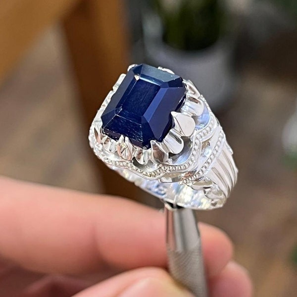 Beautiful Blue Sapphire Stone In Baguette Shape Ring Antique Design Ring Sapphire Gift Ring Statement Ring