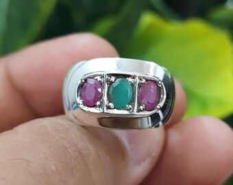 Natural Multi Stones Ring Real Emerald With Real Rubies Stones Band Surprize For Him Silver Ring 925 Top Quality Ring