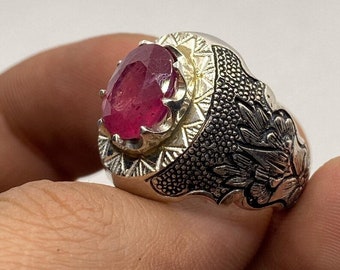 Natural Ruby Ring - Shiny Afghanistan Ruby - Engraved Ring - Natural Gemstone Ruby - Men's Natural Ruby Ring -  Engraved Ruby Ring
