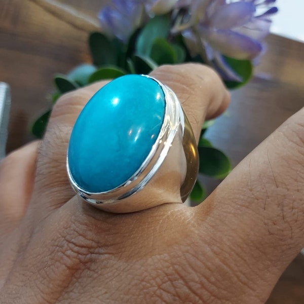 Big Turquoise Stone Ring Natural Hussaini Feroza Ring Heavy Sterling Silver 925 Handmade Ring