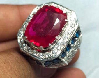 Baguette Cut Ruby, Red Yaqoot, Big Ruby Stone, King Ruby Ring, Silver Ring, Handmade Ring, Master Piece