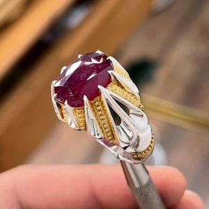 天然オーバルルビーリング、7カラット、非加熱スターリングシルバー925製、ハンドメイドジュエリー、ギフトリング