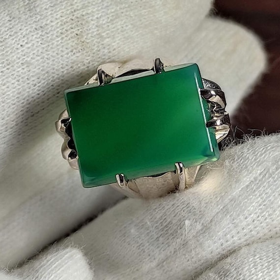 Natural Green Agate Ring Sabz Akik Stone Ring Baguette Cut Aqeeq