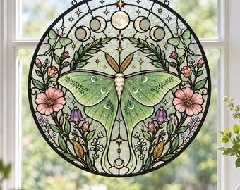 Luna Moth Moon Phase Stained Glass Suncatcher, Celestial Boho Window Hanging, Mystic Art