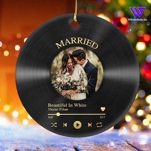 Custom vinyl song wedding photo ornament gift for groom, Our first Christmas married ornament 2024, Just married ornament gift for couple