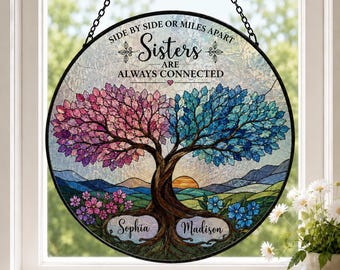 Personalized Sister Suncatcher, Custom Stained Glass Tree of Life Window Hanging, Sister Birthday Gift, Keepsake Home Decor