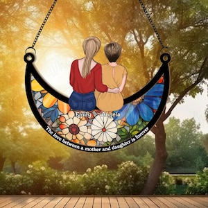 Personalized Mother Daughters Suncatcher, Custom Daughter And Mom On The Moon Window Hanging Suncatcher, Mothers Day Gift for Mom, Mum Gift