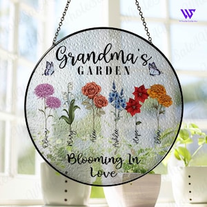 Personalized Grandma&#39;s Garden Stained Glass Suncatcher, Mothers Day Gift For Nana, Custom Grandkids Birth Month Flower Stained Glass