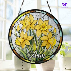 Personalized Birth Flowers Stained Glass Suncatcher, Daffodil Flowers Stained Glass, Mothers Day Gift for Mom, Birth Month Flower Suncatcher