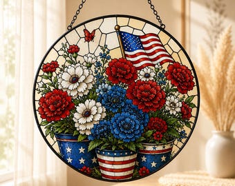 USA 250th Anniversary Stained Glass Suncatcher, Patriotic Floral Stained Glass Window Hanging, American Flag Art, Independence Day Decor