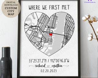 Printable valentine gift for him, her, Custom city map print gift for couple, anniversary map gift, Where we first met couple map print