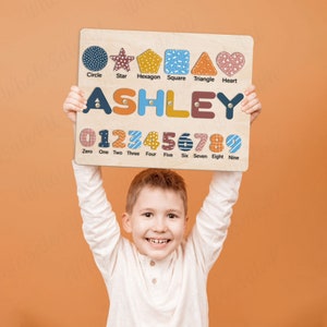 Wooden Personalized Name Puzzle With Shapes and Numbers, Toddler Puzzle, Baby Girl and Boy Montessori Toys, Preschool Puzzle Toys for Kids