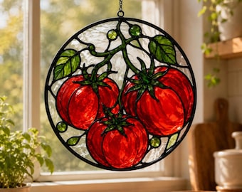 Red Tomato Stained Glass Suncatcher, Vegetable Window Hanging, Farmhouse Kitchen Decor
