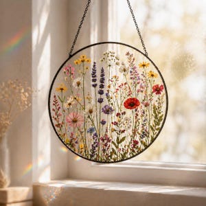 May include: A round, clear glass panel with a black metal frame, showcasing a vibrant arrangement of pressed wildflowers. The flowers include red poppies, yellow daisies, and purple lavender, creating a colorful, natural display. A black chain suspends the panel.