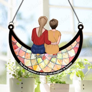 Personalized Mom and Daughter On The Moon Window Hanging Suncatcher, Mother&#39;s Day Gift for Mum, Custom Mother Daughters Suncatcher, Mom Gift